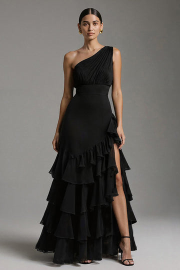 Noir A Ligne Tiered One Shoulder Maxi Robe Formelle avec Fente